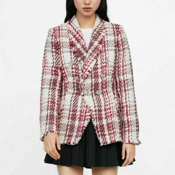 Zara Double-Breasted Red Tweed Blazer Jacket Jewel Buttons Size Small - Picture 1 of 6
